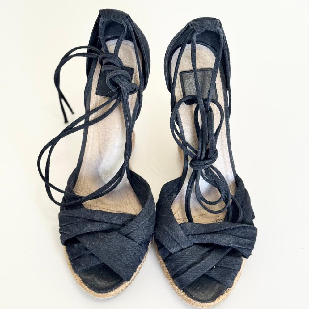 Women's Black Strappy Open Toe Wedge Sandal Shoe, Size 6 or 6.5